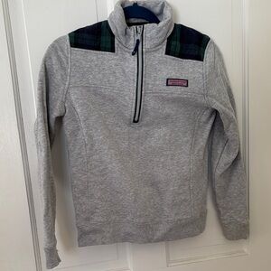 Gray Quarter-Zip Sweater with Plaid Accents
